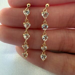 18K Solid Yellow Gold Aquamarine Heart Dangle Drop Earrings